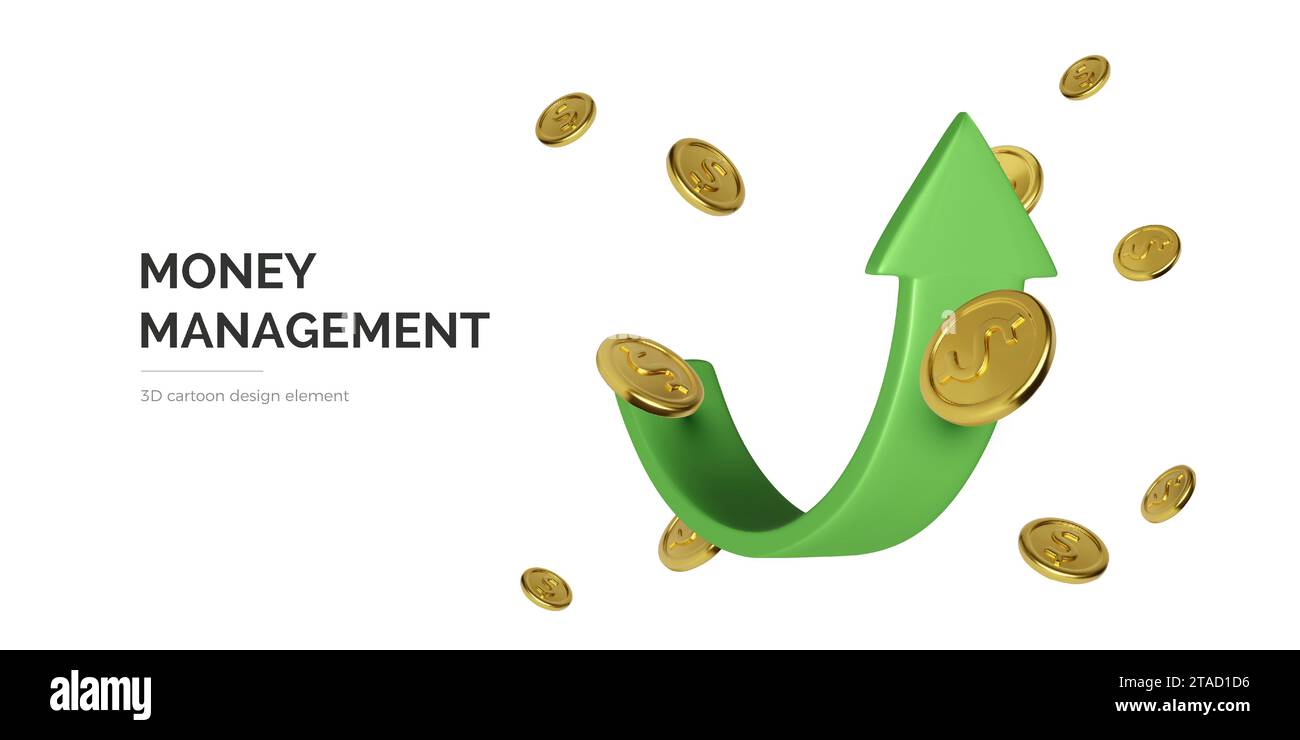 Flèche 3D vers le haut et pièces d'or. Gestion de l'argent et augmentation des bénéfices. Graphique boursier. Capital de croissance. Illustration vectorielle Illustration de Vecteur