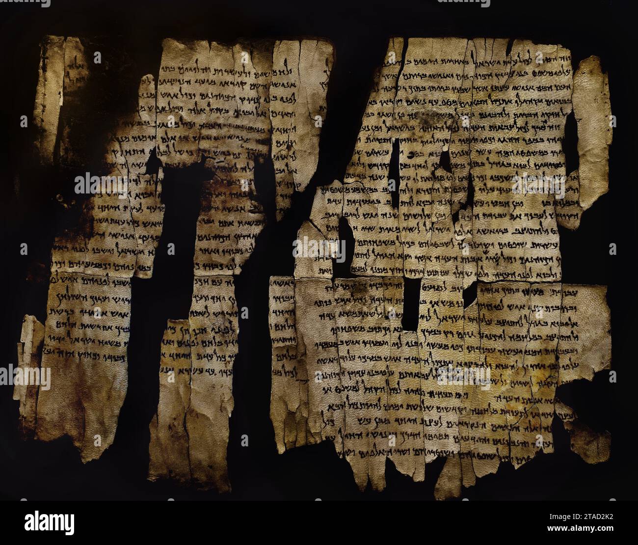 Rouleaux de la mer Morte, rouleaux des grottes de Qumran, manuscrits juifs anciens de la période du second Temple. Découvertes entre 1946 et 1956, les grottes de Qumran près d'Ein Feshkha en Cisjordanie, sur la rive nord de la mer Morte. Datant du 3e siècle av. J.-C. au 1e siècle de notre ère, Musée archéologique national, Amman, Jordanie. ( Fragment d'Isaïe ) Banque D'Images