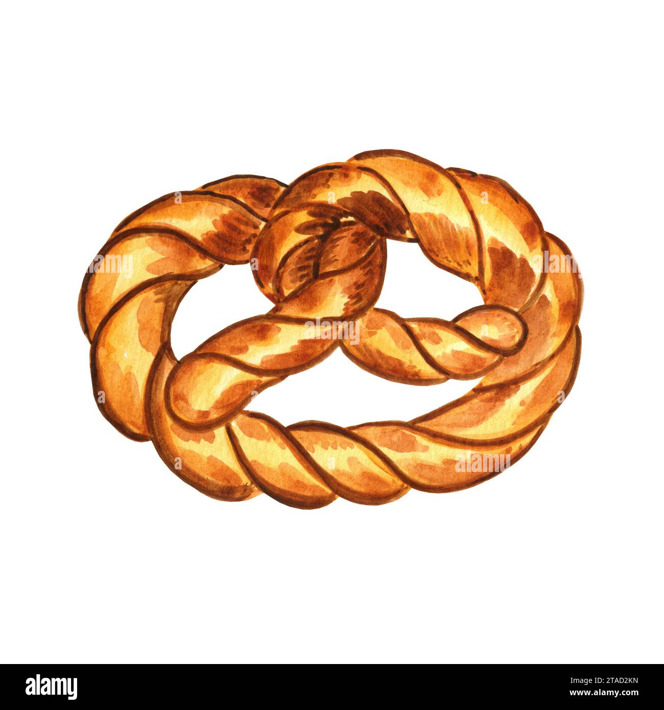 Illustration de l'aquarelle torsadée de bagel bretzel. Pâtisseries dessinées à la main pour la conception du menu et de l'emballage. Pâtisserie traditionnelle allemande. Banque D'Images