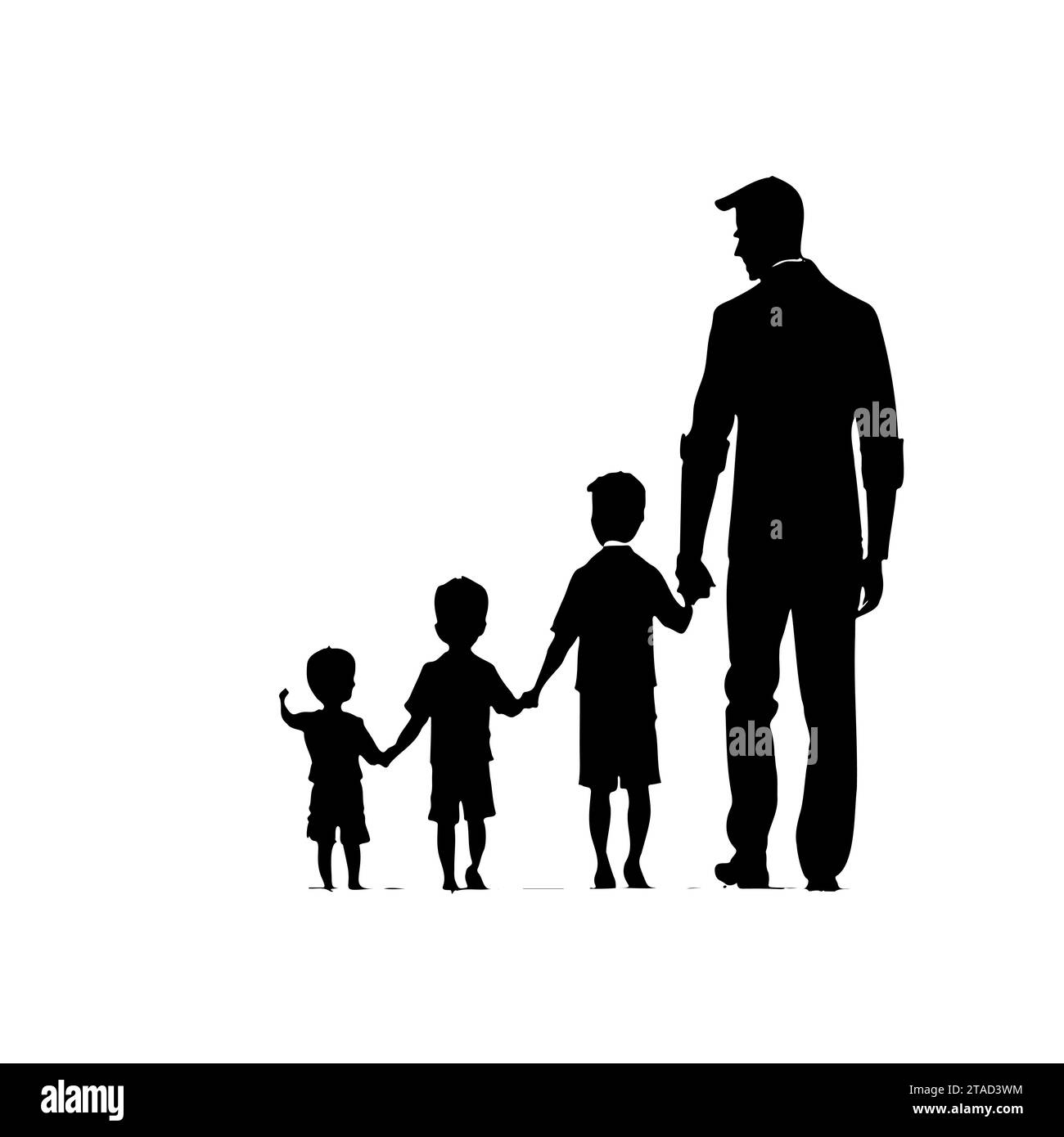 Dessin de silhouette père marchant main dans la main avec ses enfants vue de l'arrière. Vecteur dessiné à la main isolé sur un fond blanc Illustration de Vecteur