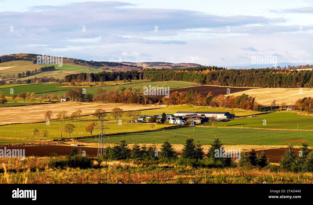 Dundee, Tayside, Écosse, Royaume-Uni. 30 novembre 2023. UK Météo : dans la région rurale de Dundee, beau soleil d'hiver avec un temps doux créant des vues spectaculaires sur les collines Sidlaw et Strathmore Valley. Crédit : Dundee Photographics/Alamy Live News Banque D'Images