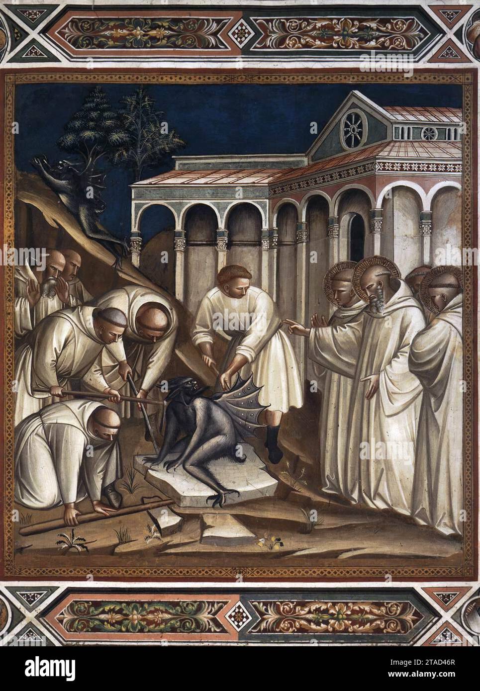 La prière de Saint Benoît permet aux moines de soulever la pierre sur laquelle le diable est assis 1388 par Spinello Aretino Banque D'Images