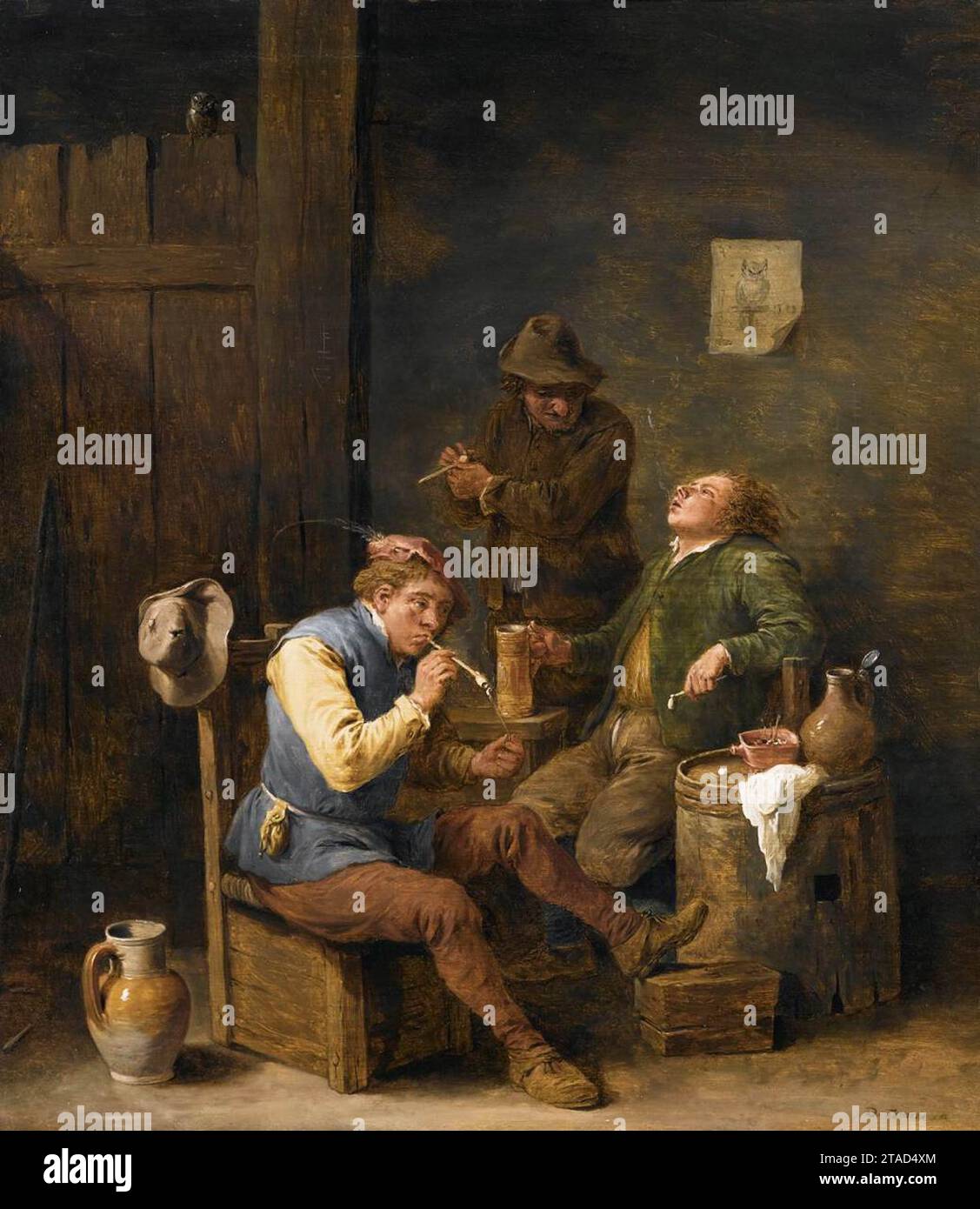 Trois fumeurs et buveurs dans un intérieur de taverne des années 1650 par David le Jeune Teniers Banque D'Images