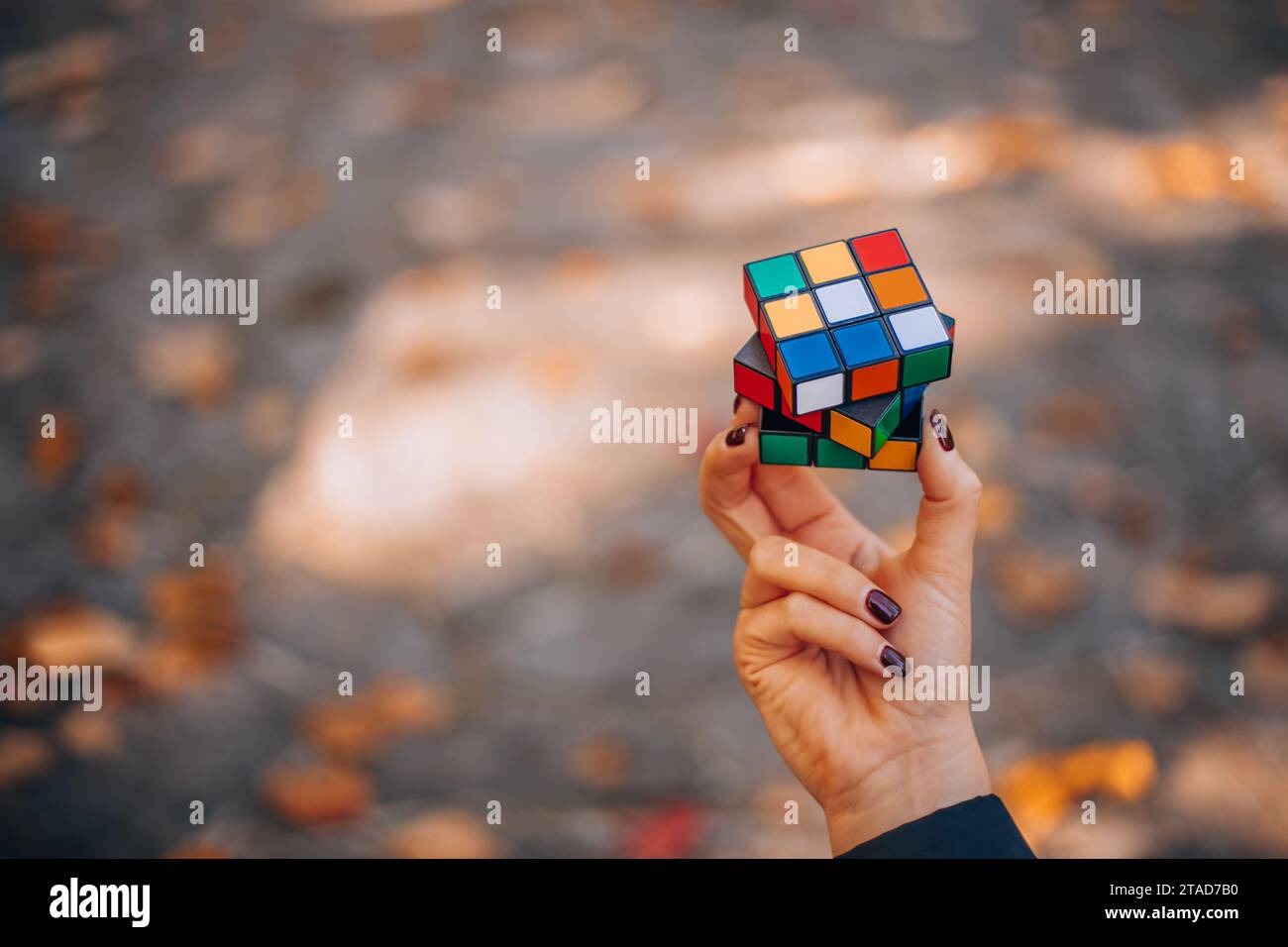 Italia, Milano 15.11.2023 : fille tenant un cube Rubik dans sa main. Femme d'affaires à la recherche d'une solution à un puzzle. Rebus, puzzle. Concept de Banque D'Images