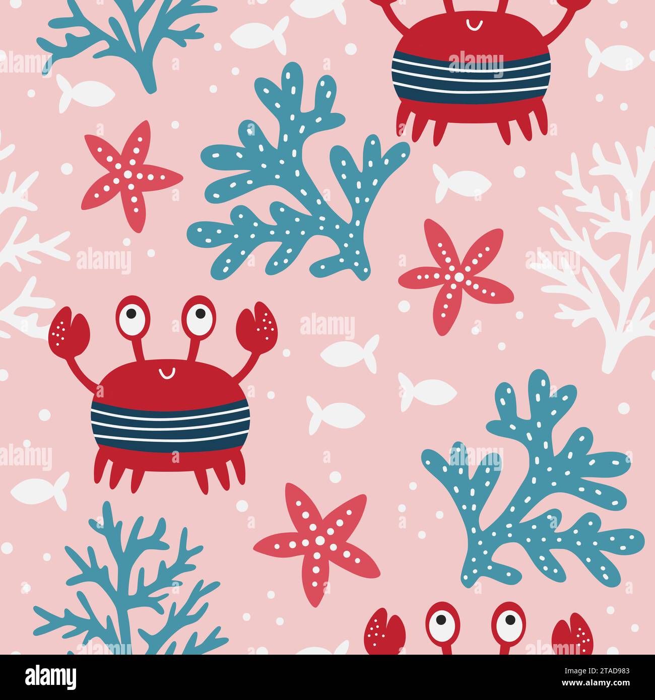 Mignon coloré enfantin sans couture répétant un motif plat simple avec des crabes et des plantes Illustration de Vecteur