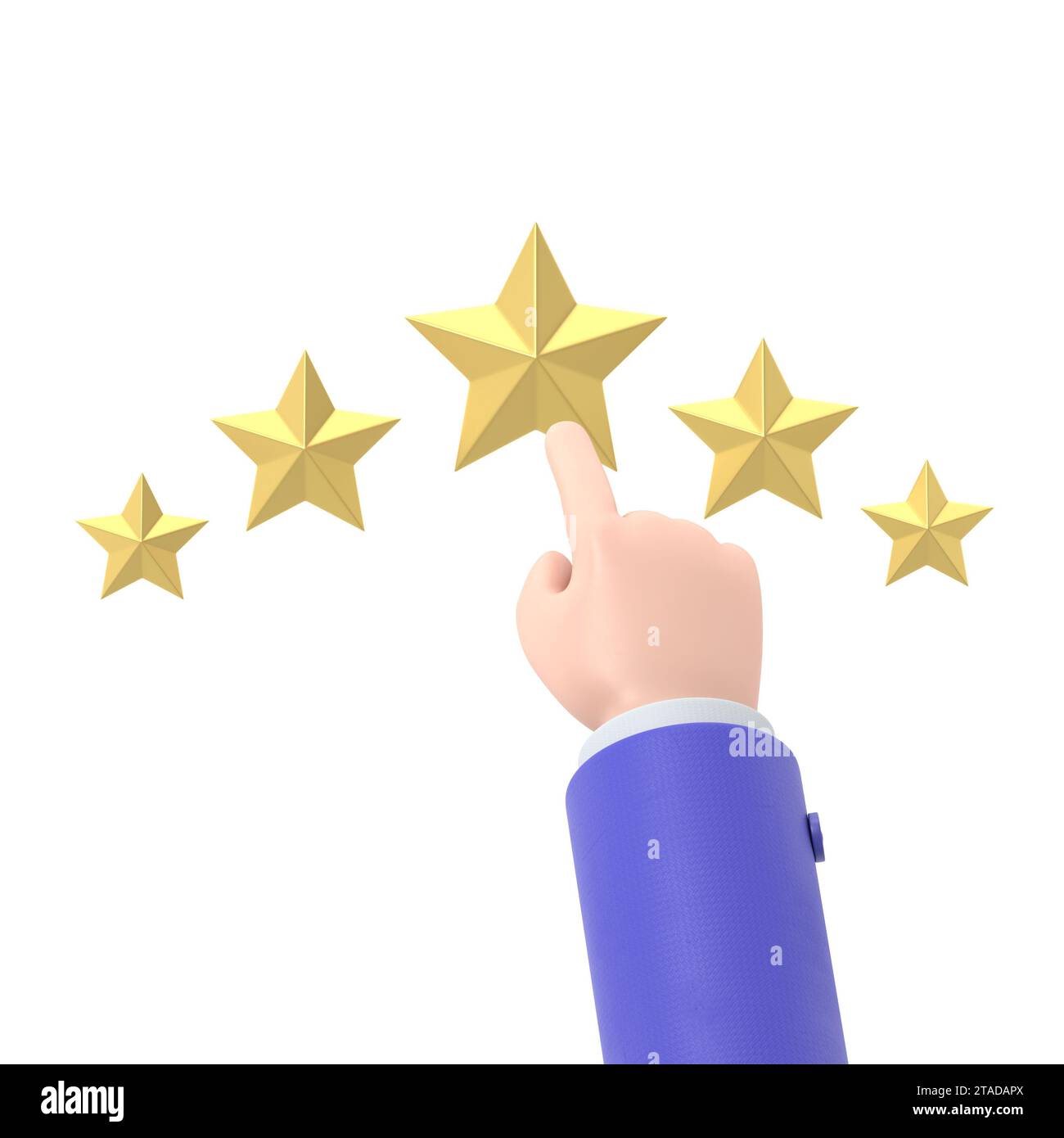 Icône d'évaluation. Star illustration 3d design plat. Concept de feedback. Système d'évaluation. Avis positif. Travail de qualité. Le doigt de l'homme pointe vers la star.3D. Banque D'Images