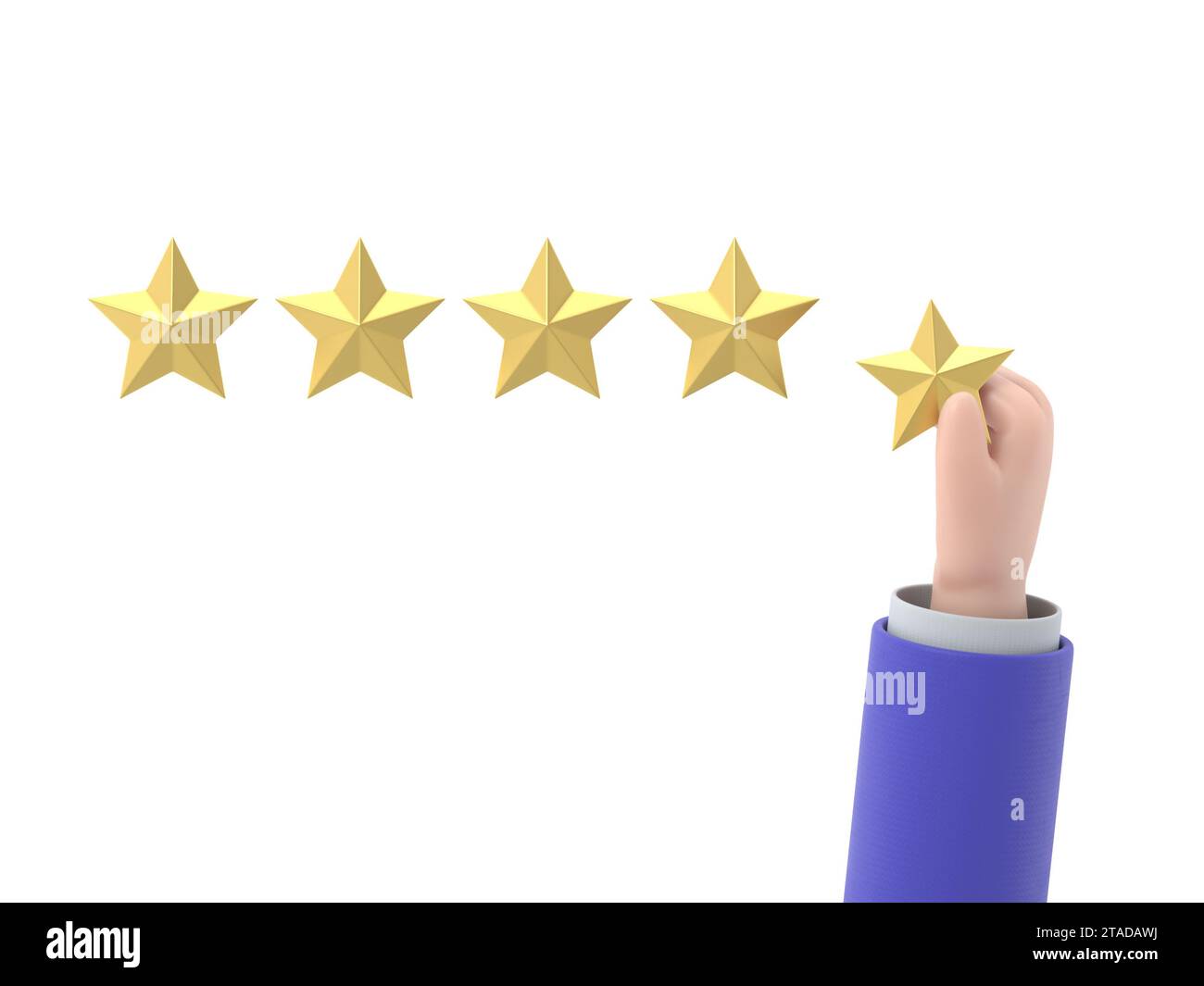 Nombre d'étoiles. Tenant une étoile d'or, pour donner cinq. Concept de feedback. Système d'évaluation. Avis positif. illustration 3d conception plate. Travail de qualité.3D ren Banque D'Images