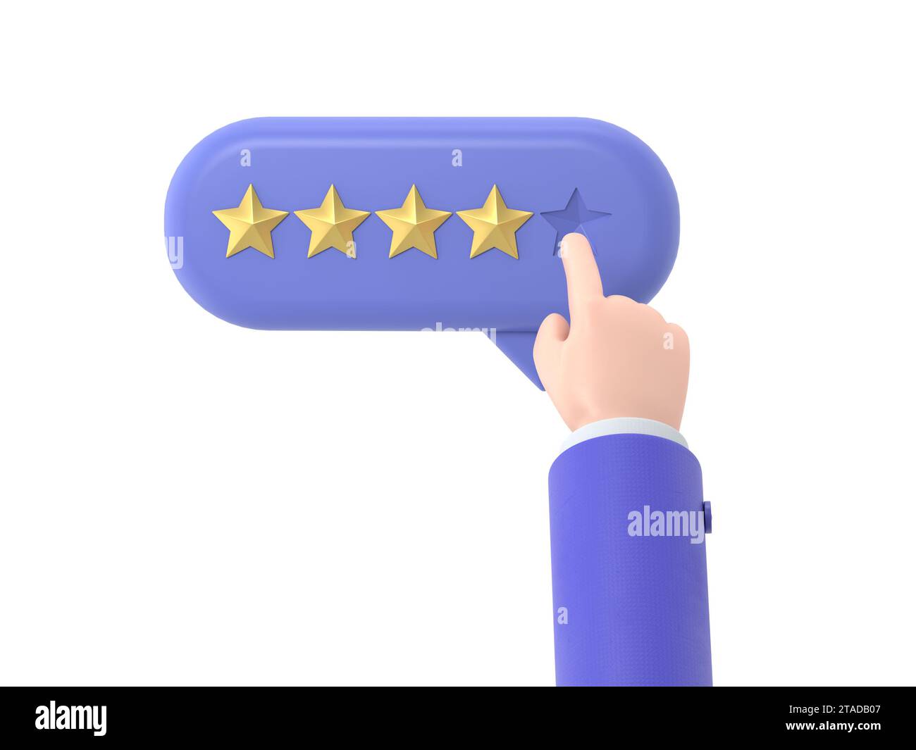 Main de l'utilisateur pointant sur le formulaire de sondage et choisissant l'étoile jaune. Avis client positif cinq étoiles. Feedback en ligne, rendu 3D sur fond blanc. Banque D'Images