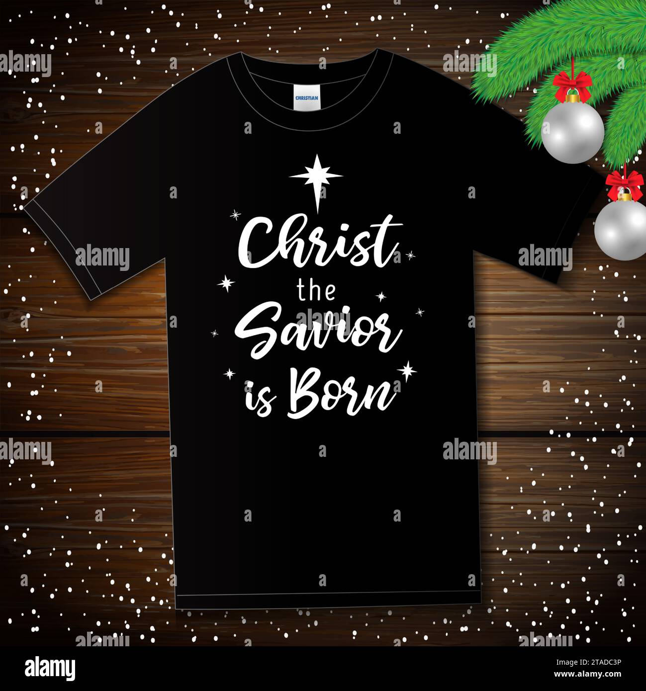 Christ le Sauveur est né, t-shirt avec impression sur planche de bois. Fond de typographie Nativité pour chemise ou vêtements de Noël. Illustration vectorielle Illustration de Vecteur