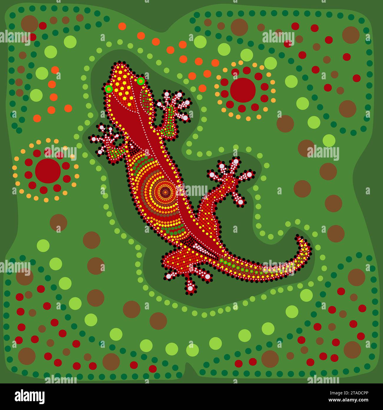 Lézard dans le style aborigène australien.Art indigène australien fond vert avec des points.lézard gecko ethnique décoratif.artisanat tribal aborigène. Illustration de Vecteur