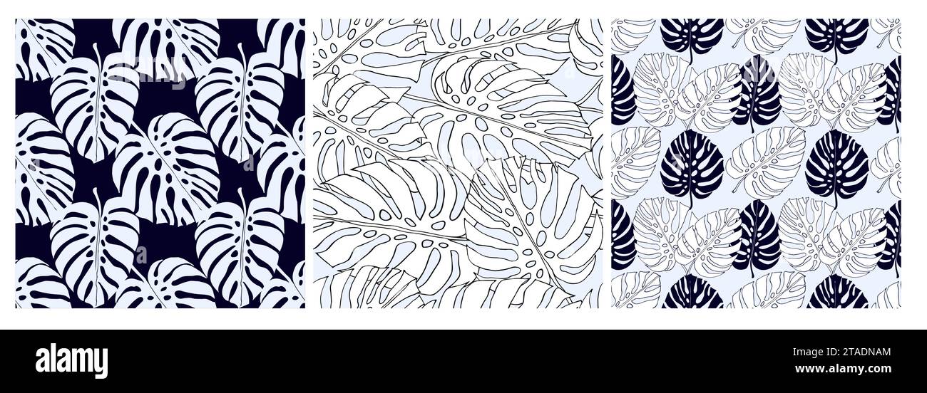 Feuilles de jungle Monstera, ensemble de motifs floraux sans couture pour tissu textile ou papiers peints. Vecteur jungle tropicale laisse le fond moderne. Illustration de Vecteur Feuilles de jungle Monstera, ensemble de motifs floraux sans couture pour tissu textile ou papiers peints. Vecteur jungle tropicale laisse le fond moderne. Illustration de Vecteur