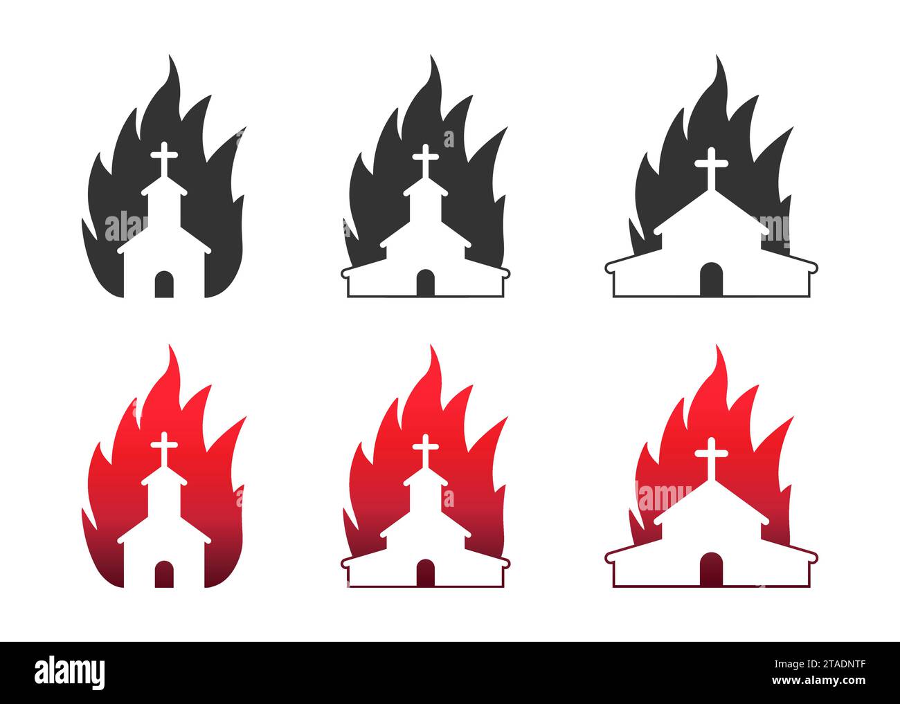 Église sur le feu jeu d'icônes. Église chrétienne en flammes. Illustration vectorielle plate. Illustration de Vecteur