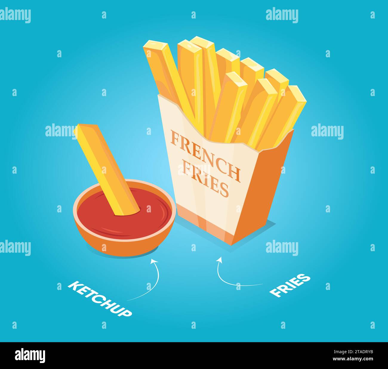 Frites franches dans la boîte jaune avec ketchup sur fond bleu également avec des pointeurs de flèche Fast food. Illustration vectorielle plate Illustration de Vecteur