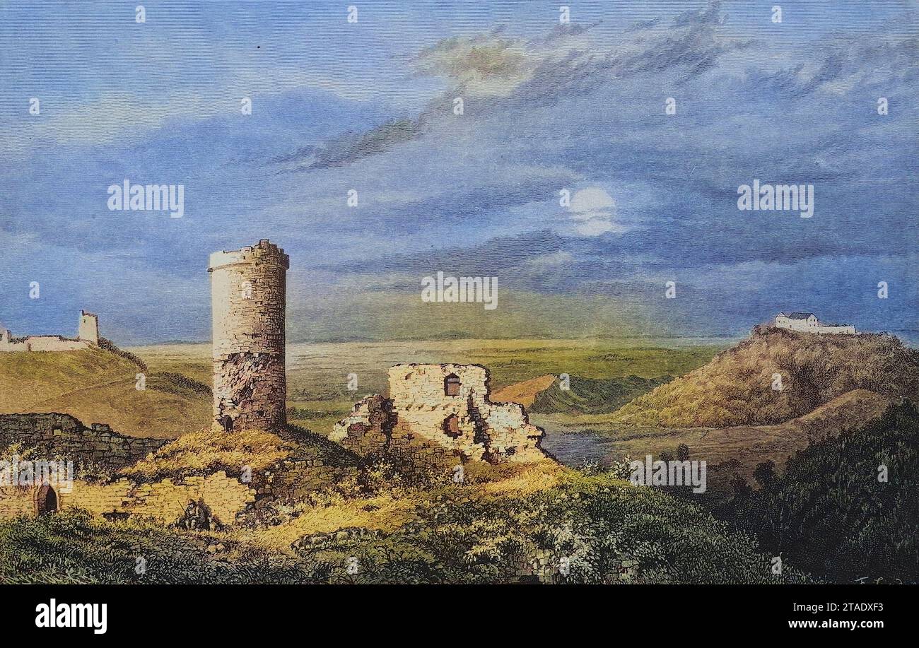 Die drei Gleichen, ein mittelalterliches Burgenensemble, (v. l. n. r.:) Wachsenburg, Burg Gleichen, Mühlburg, Thüringen, Deutschland, um 1885, Historisch, digital restaurierte Reproduktion von einer Vorlage aus dem 19. Jahrhundert / les trois Gleichen, un ensemble de châteaux médiévaux, (de gauche à droite :) Wachsenburg, Burg Gleichen, Mühlburg, Thuringe, Allemagne, c. 1885, reproduction historique, restaurée numériquement à partir d'un original du 19e siècle Banque D'Images