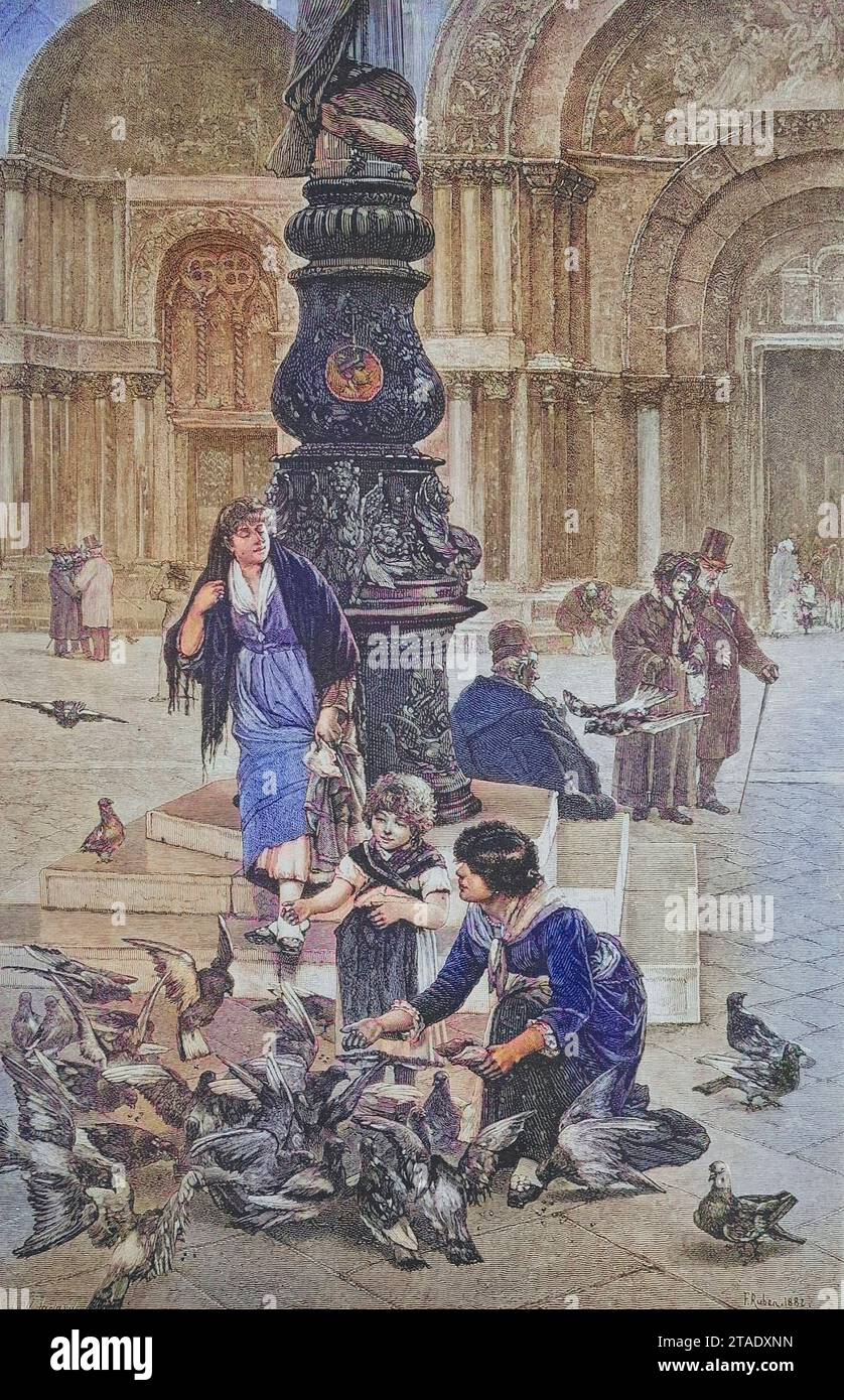 Kinder BEI Taubenfütterung auf dem Markusplatz in Venedig, Italien, UM 1885, Historisch, digital restaurierte Reproduktion von einer Vorlage aus dem 19. Jahrhundert / enfants nourrissant des pigeons sur la place Saint-Marc à Venise, Italie, vers 1885, reproduction historique, restaurée numériquement à partir d'un original du 19e siècle Banque D'Images