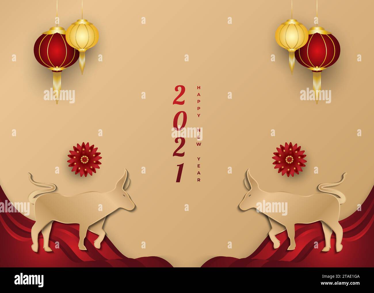 Bannière ou affiche de voeux du nouvel an chinois 2021 avec bœuf doré et lanterne sur fond de papier coupé Illustration de Vecteur