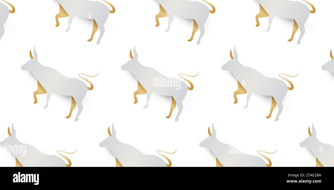 Joyeux nouvel an chinois 2021 année du bœuf. Bannière lunaire du nouvel an décorée de bœuf doré debout sur fond blanc et or dans le style de papier coupé Illustration de Vecteur