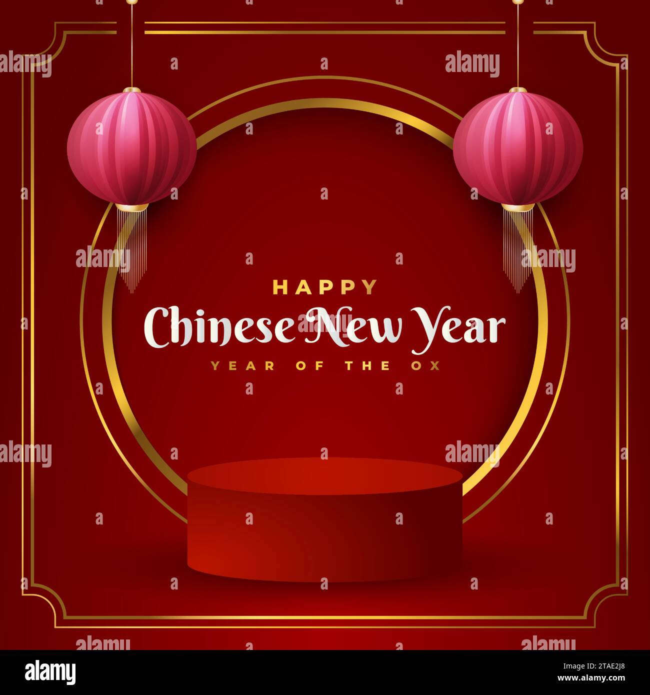 Carte de voeux ou bannière du nouvel an chinois avec podium de scène rond et lanterne sur fond rouge Illustration de Vecteur