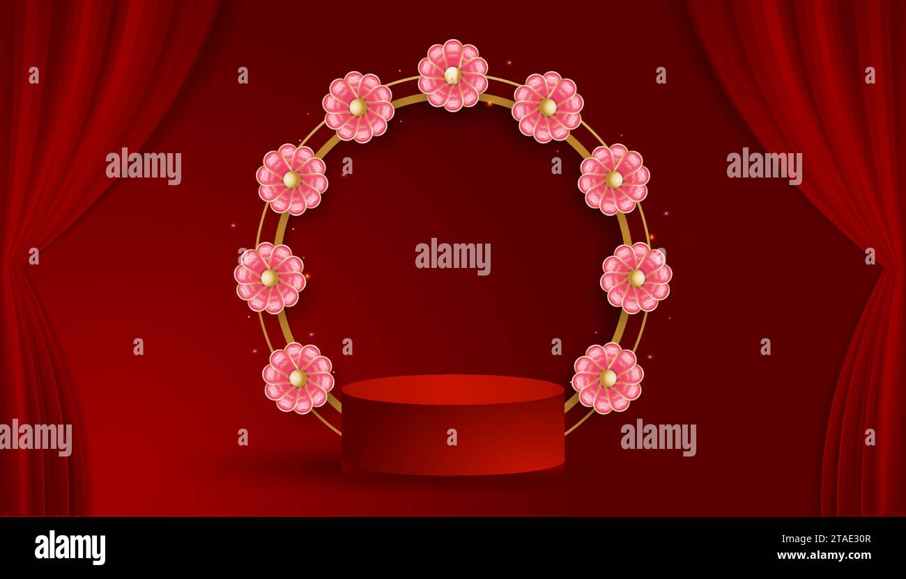 Scène ronde de podium avec des fleurs de style de culture chinoise et des rideaux rouges pour bannière ou affiche de célébration du nouvel an chinois Illustration de Vecteur