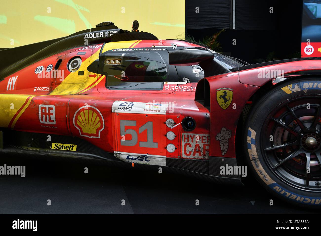 Scarperia, Mugello - 28 octobre 2023 : Ferrari 499P #51 vainqueur aux 24 heures du Mans 2023 pilotée par Alessandro Pier Guidi, James Calado et Antoni Banque D'Images