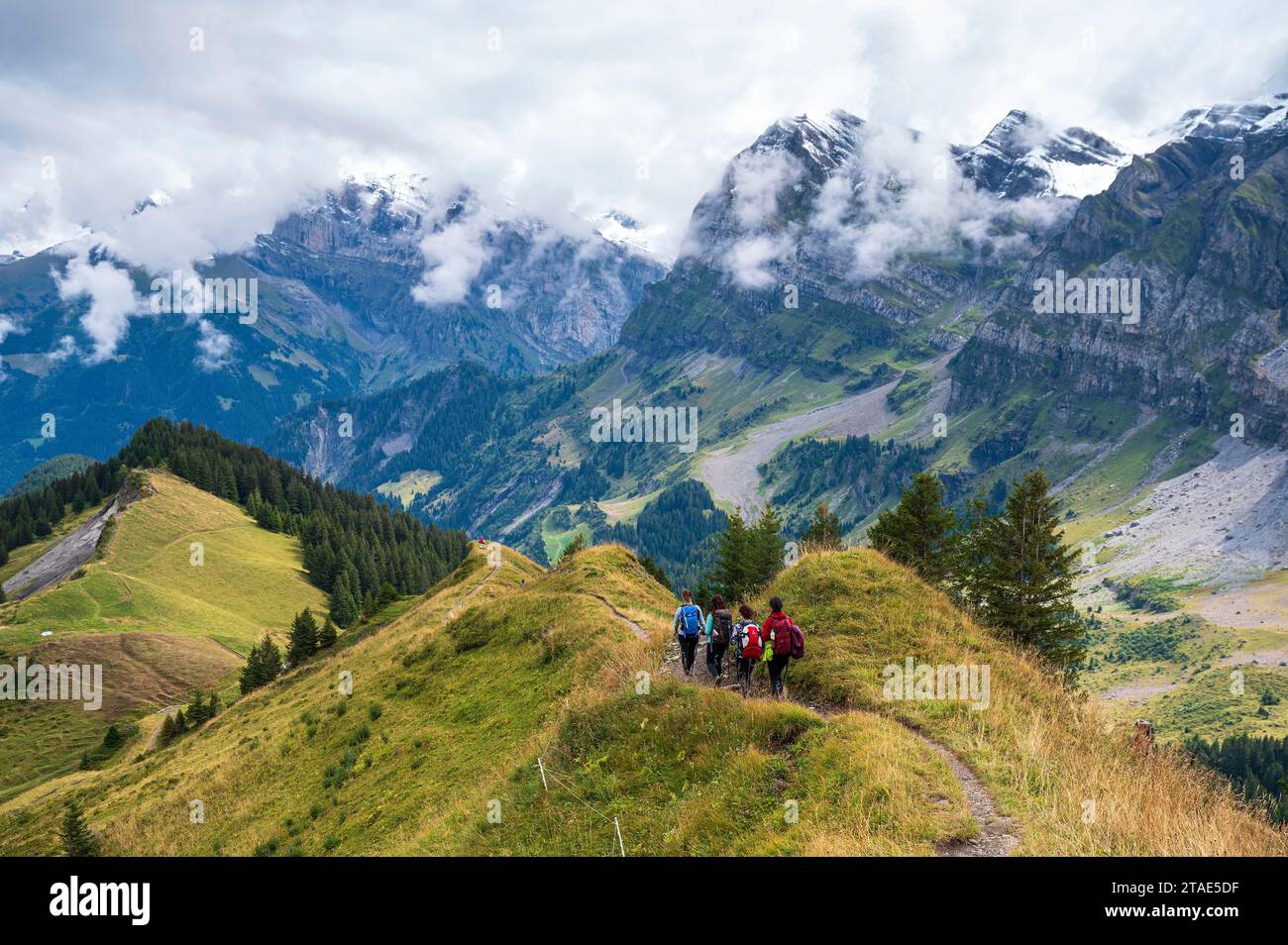 Suisse, Valais, Champéry, Tour des dents blanches, randonneurs sur la crête du Berroi avec les dents blanches en arrière-plan Banque D'Images