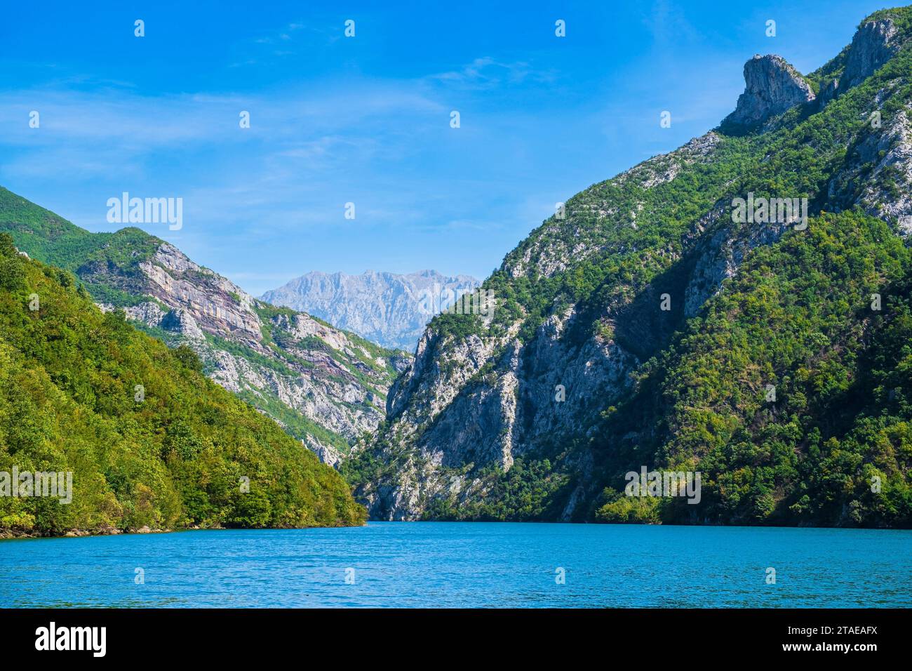 Albanie, province de Shkoder, Koman, lac Koman, lac artificiel sur la rivière Drin Banque D'Images