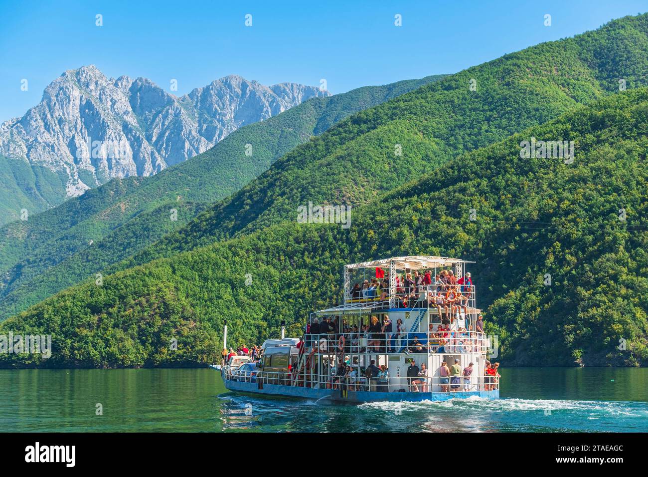 Albanie, province de Shkoder, Koman, lac Koman, lac artificiel sur la rivière Drin, traversée en ferry de Koman à Fierze Banque D'Images