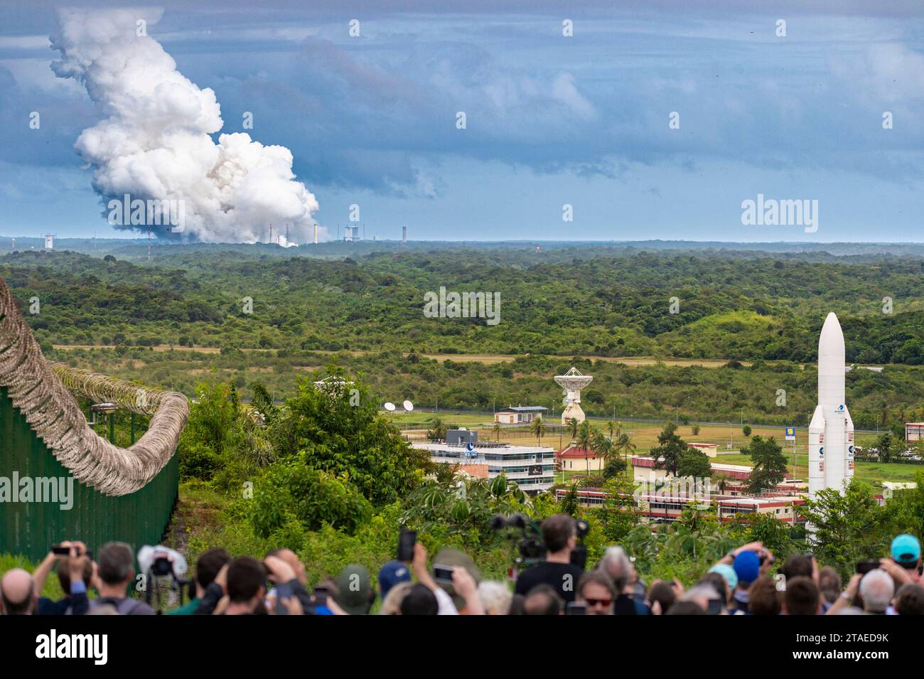 France, Guyane, Kourou, décollage de la fusée Ariane V (Ariane 5) depuis le Centre spatial guyanais, port spatial européen Banque D'Images