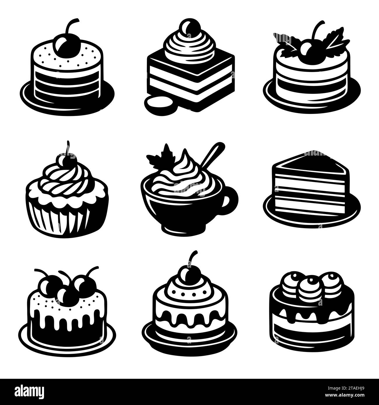 Jeu d'icônes noires de dessert de gâteau. Signez le kit de nourriture sucrée. Symbole noir délicieux simple. Gâteaux d'anniversaire sucrés, cupcake Bakery isolé sur blanc. Illustration de Vecteur