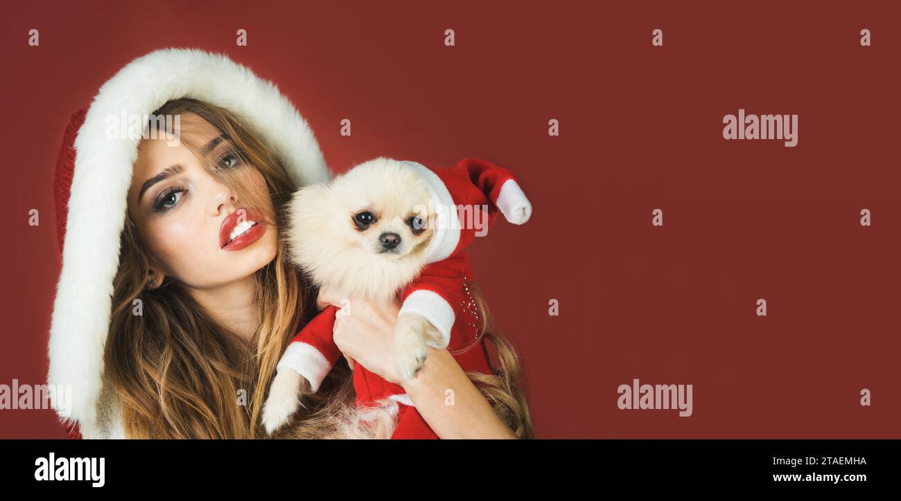 Joyeux Noël. Bonne année. Belle femme de Noël dans le chapeau de fourrure avec chien Pomeranian Spitz dans les vêtements de Noël et chapeau de Santa. Vacances des animaux Banque D'Images