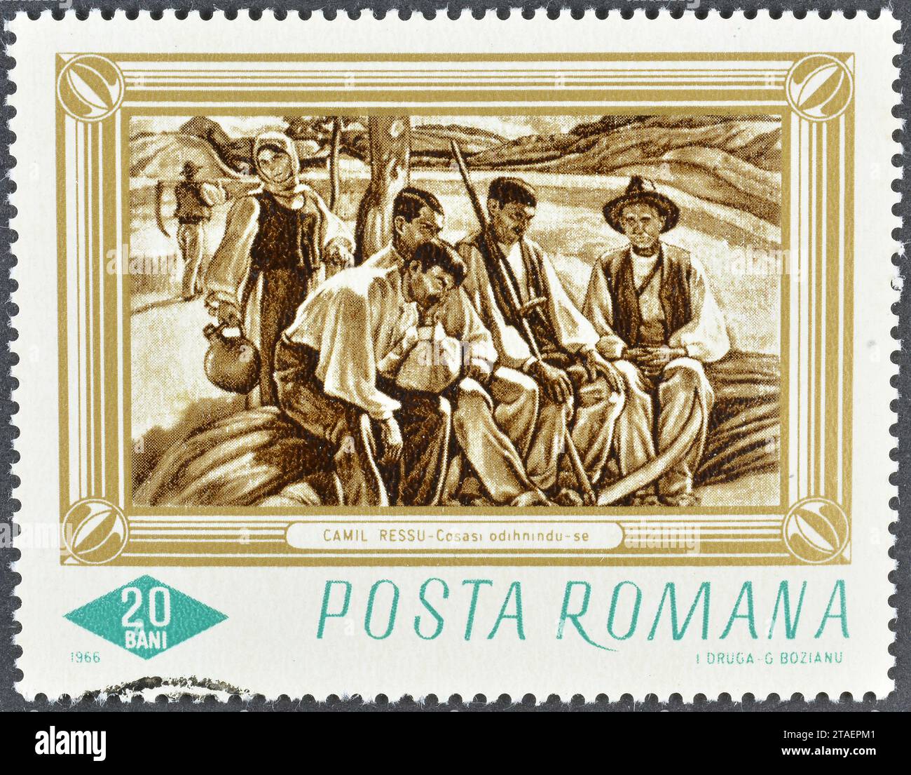 Timbre-poste annulé imprimé par la Roumanie, qui montre Reapers au repos, Camil Ressu (1880-1962), peintures de la Galerie nationale de Bucarest Banque D'Images