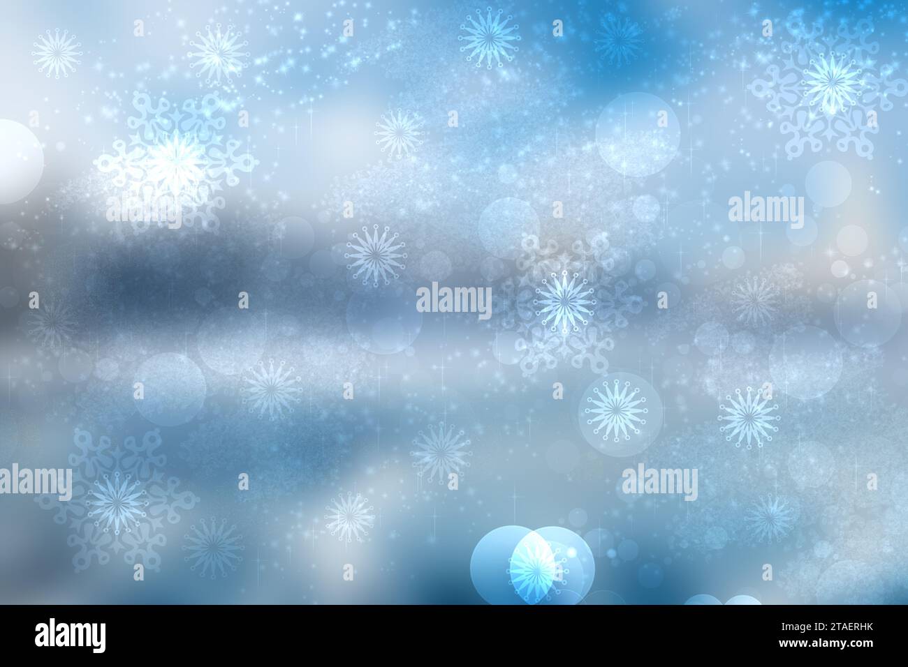 Résumé de fête hiver bleu lumière brouillée ou Noël Bonne Année avec fond blanc et bleu brillant, éclairé et flocons de bokeh étoile. Space Banque D'Images