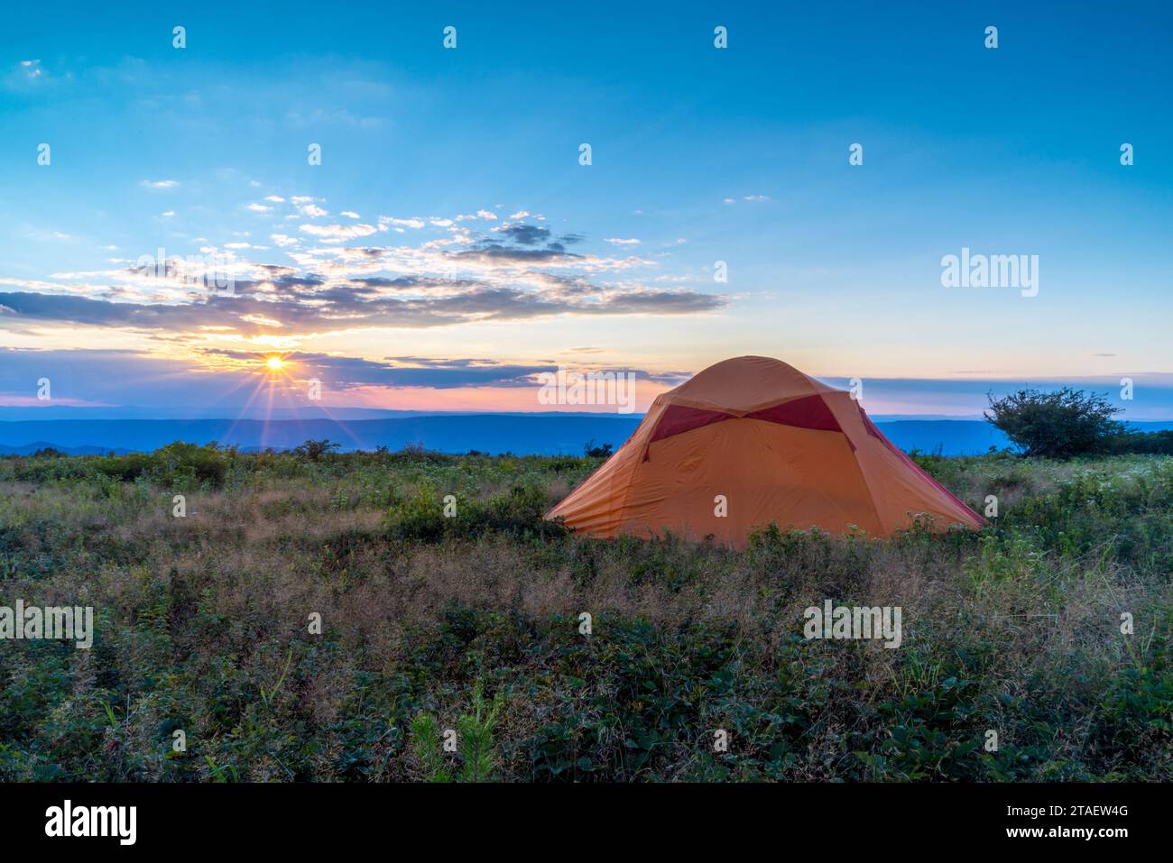 Les rayons du soleil brillent chaleureusement sur un camping paisible au bord d'une prairie de montagne. Banque D'Images