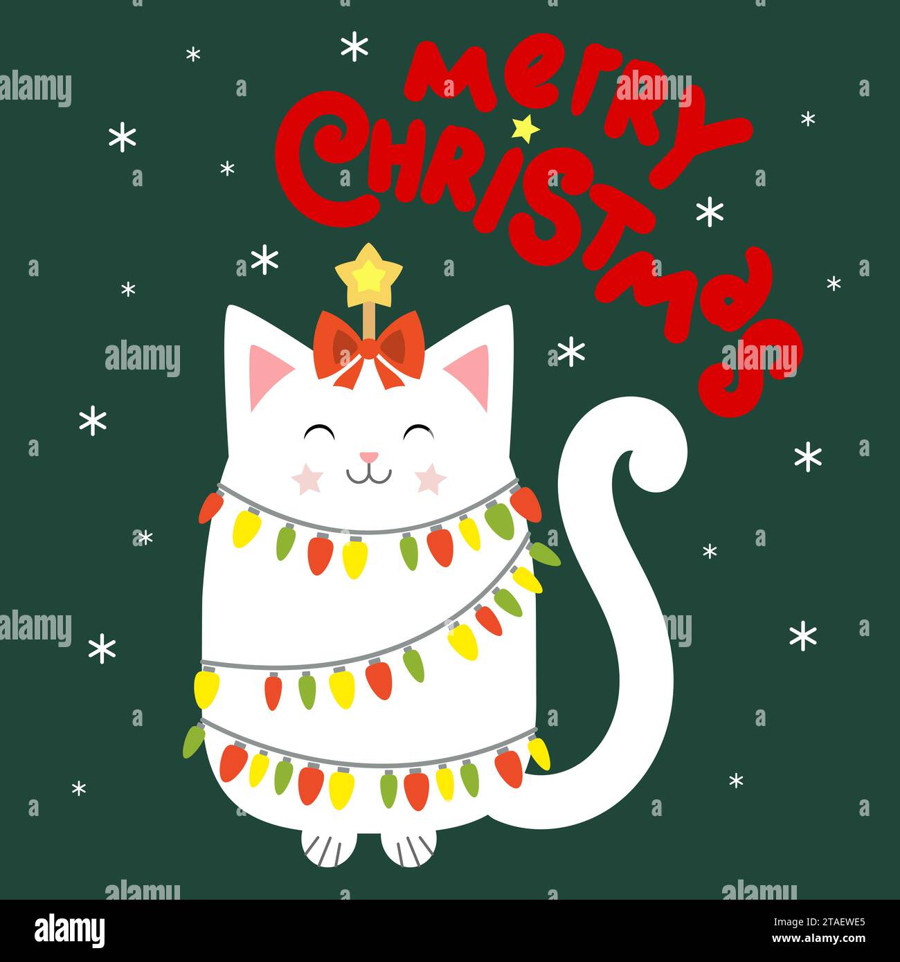 Un chat blanc drôle s'est emmêlé dans une guirlande d'arbre de Noël. Texte Joyeux Noël. Pour la conception de cartes de Noël, invitations, félicitations, et Illustration de Vecteur