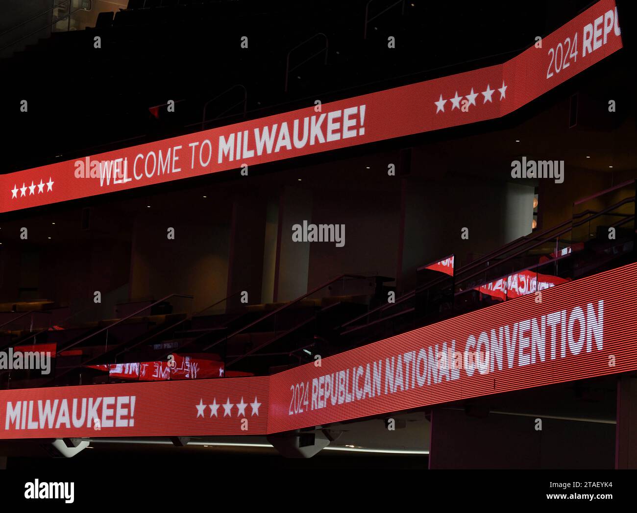 Milwaukee, Wisconsin, États-Unis. 30 novembre 2023. Fiserv Forum, le site de la Convention nationale républicaine de 2024 à Milwaukee, Wisconsin, est montré jeudi 30 novembre 2023 lors d'une visite des installations de la convention par les médias. La convention est prévue du 15 au 18 juillet. L'arène, qui a ouvert ses portes en août 2018, accueille les équipes masculines de basket-ball des Bucks de Milwaukee et de l'Université Marquette. (Image de crédit : © Mark Hertzberg/ZUMA Press Wire) USAGE ÉDITORIAL SEULEMENT! Non destiné à UN USAGE commercial ! Banque D'Images