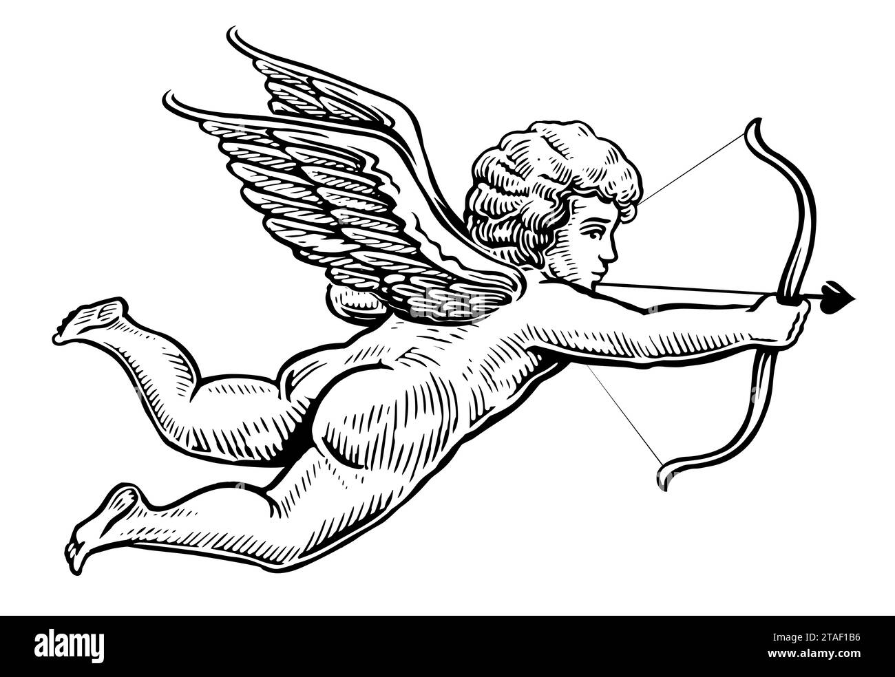 Ange volant dessiné à la main avec arc et flèche isolé sur fond blanc. Esquissez une illustration vintage Banque D'Images