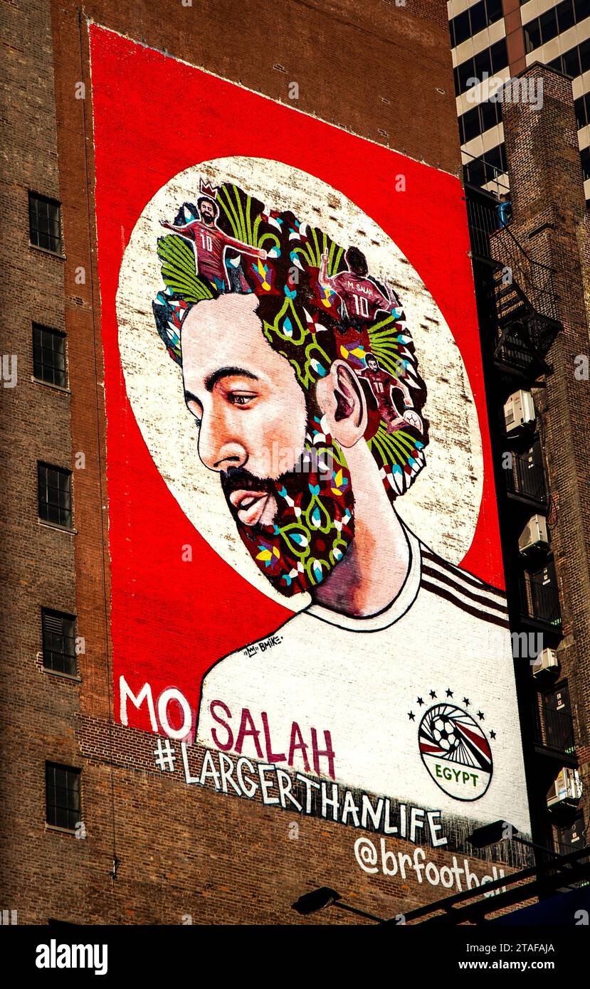 Peinture murale Mo Salah sur un bâtiment du centre-ville de Manhattan Banque D'Images