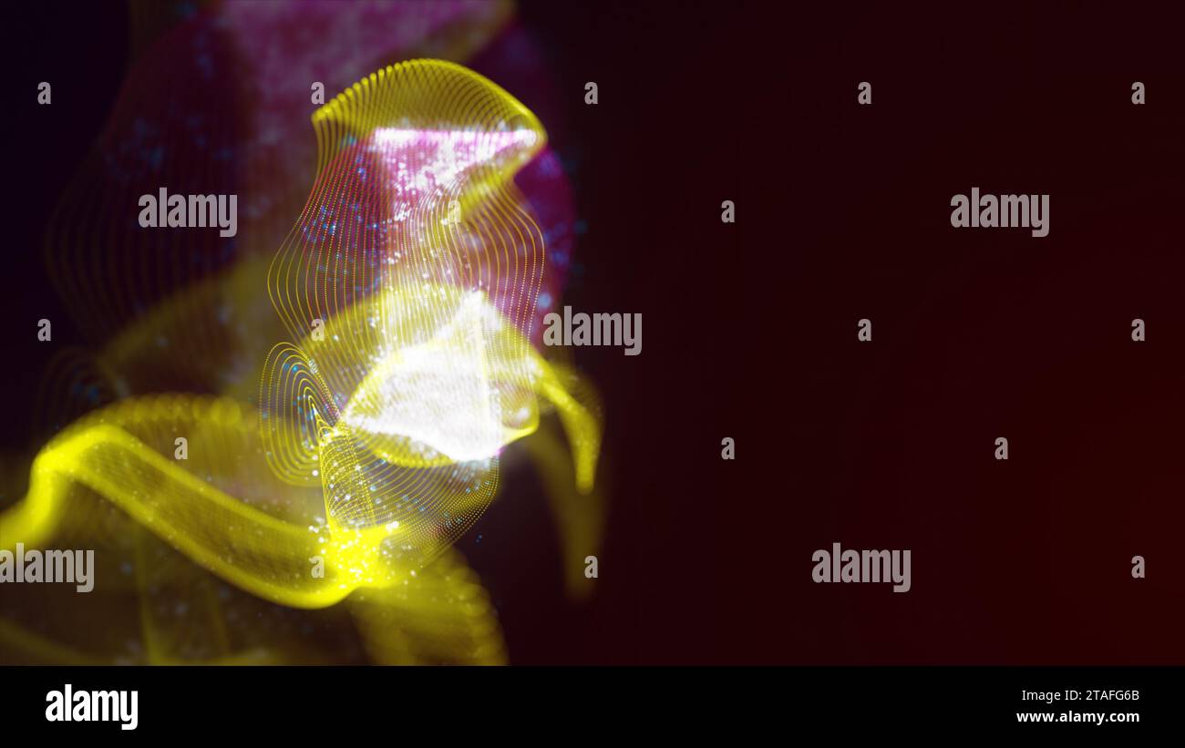 Rendu 3D de la structure abstraite de points entrelacés. Fond technologique coloré lumineux fait de fils et de surfaces lumineux sur un backgr sombre Banque D'Images