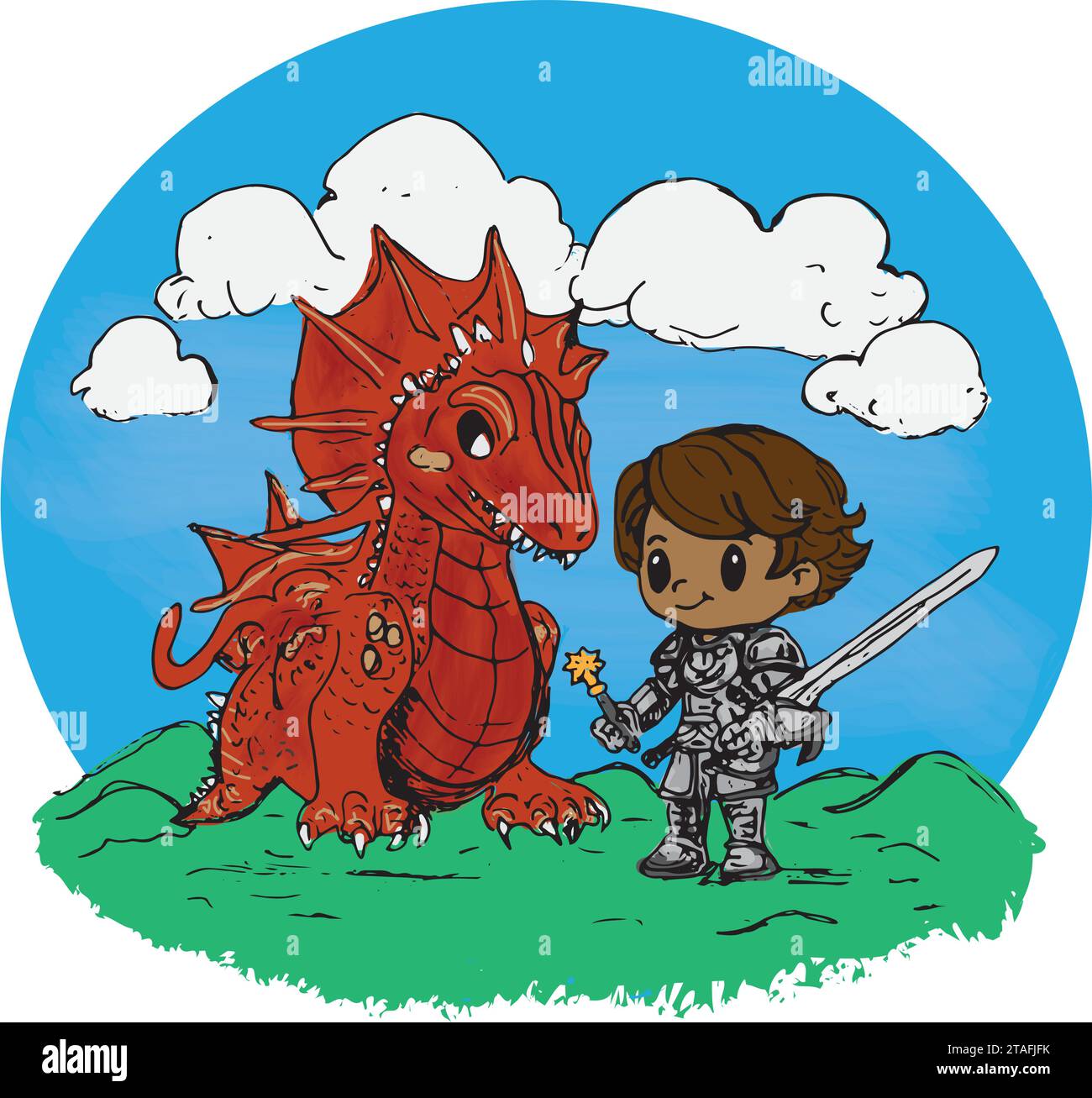 Garçon chevalier en armure de plaque tenant un écusson et mace se promenant à côté d'un dragon rouge, illustration vectorielle Illustration de Vecteur