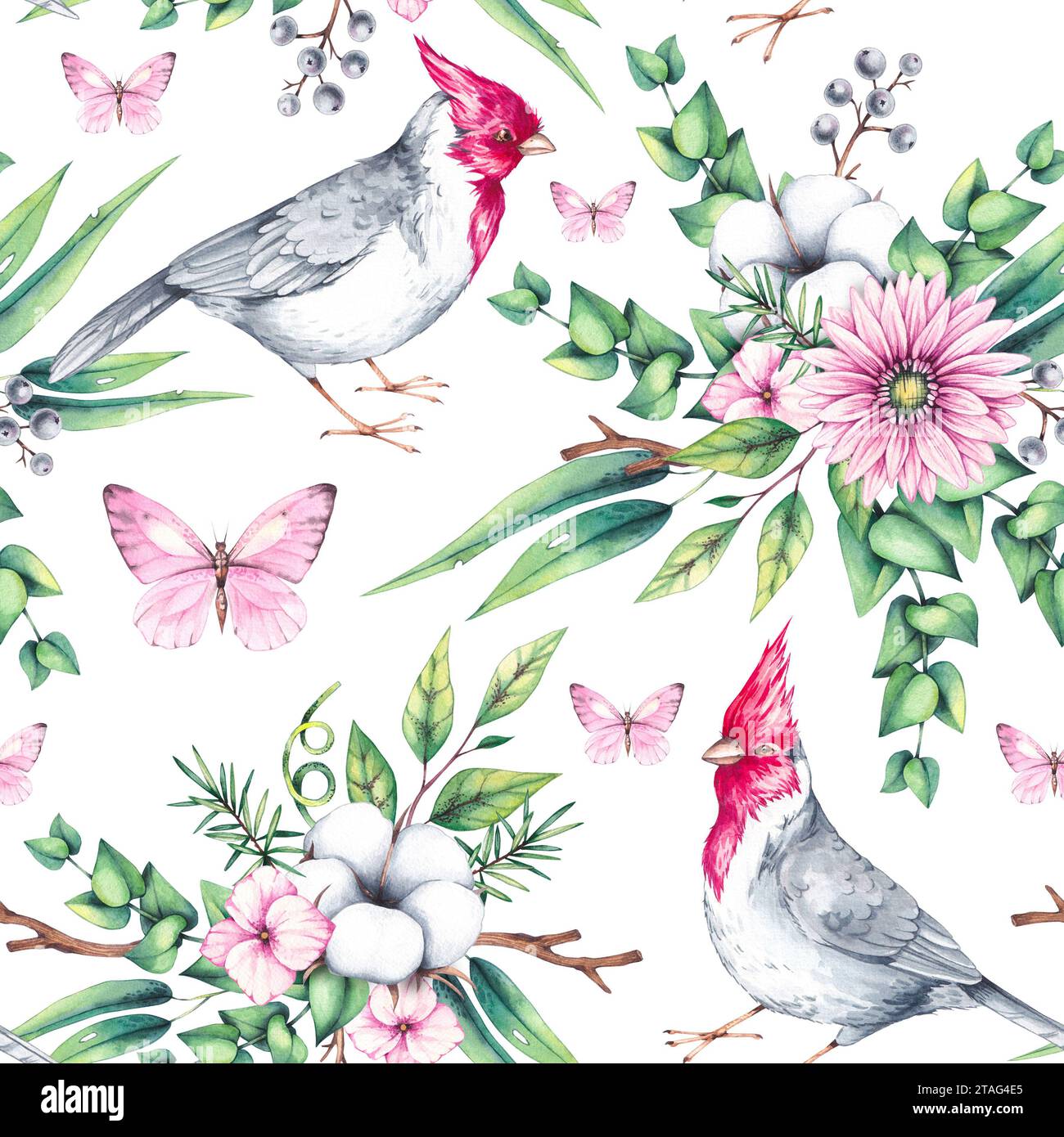 Motif aquarelle avec des oiseaux avec des fleurs. Cardinal rouge, bouquets et couronnes. Les oiseaux et les fleurs sont dessinés à la main isolés. Modèle sans couture avec des oiseaux Banque D'Images