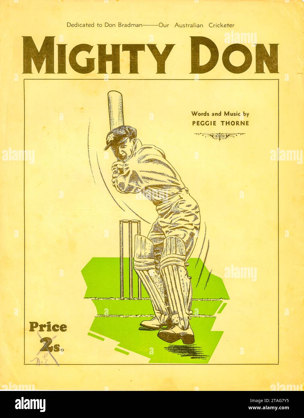 La couverture d'une partition musicale 'Mighty Don', paroles et musique de Peggie Thorne entre 1945 et 1950 à Sydney, en Australie. Sir Donald Bradman (The Don) 1908-2001 est célébré comme le plus grand batteur australien et peut-être le plus grand du monde avec un score moyen jamais égalé tout au long de sa carrière de 99,4. Banque D'Images