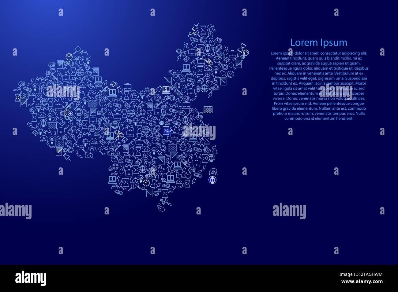 Carte de la Chine à partir d'icônes d'étoiles bleues et brillantes ensemble de modèle d'analyse SEO concept ou développement, affaires. Illustration vectorielle. Illustration de Vecteur