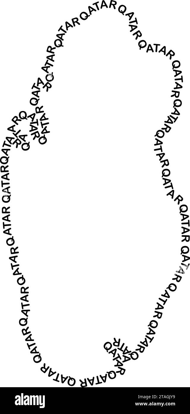 Qatar map pays le long du contour des mots noirs anglais récurrents nom de l'état Illustration de Vecteur