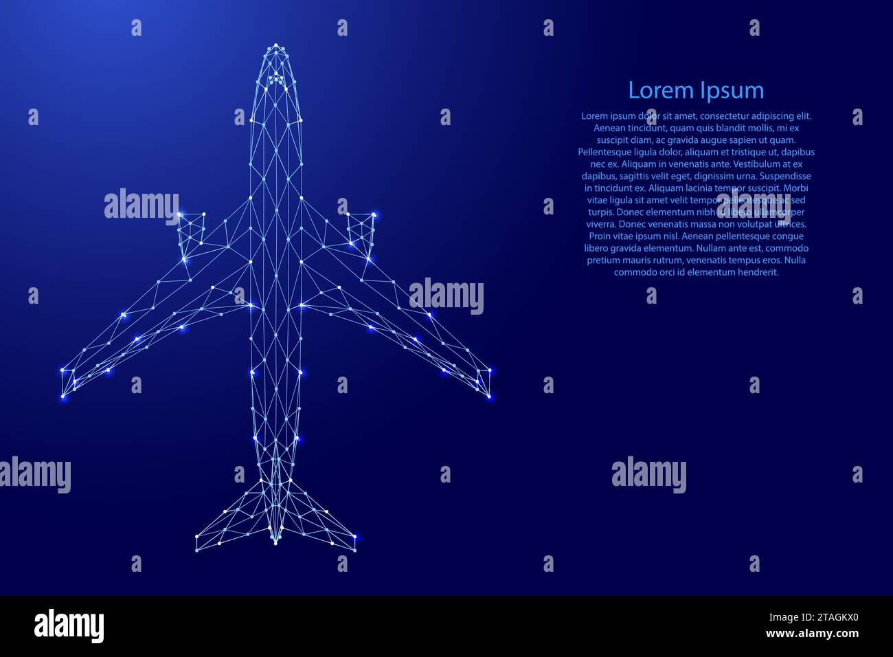 Avion jet de passagers, vue de dessus, des lignes bleues polygonales futuristes et des étoiles brillantes pour bannière, affiche, carte de voeux. Illustration vectorielle. Illustration de Vecteur