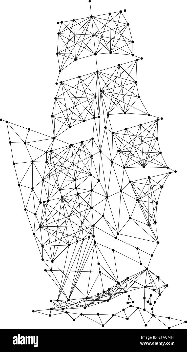 Navire avec mâts et voiles, voilier, à partir de lignes noires polygonales abstraites futuristes et de points. Illustration vectorielle. Illustration de Vecteur