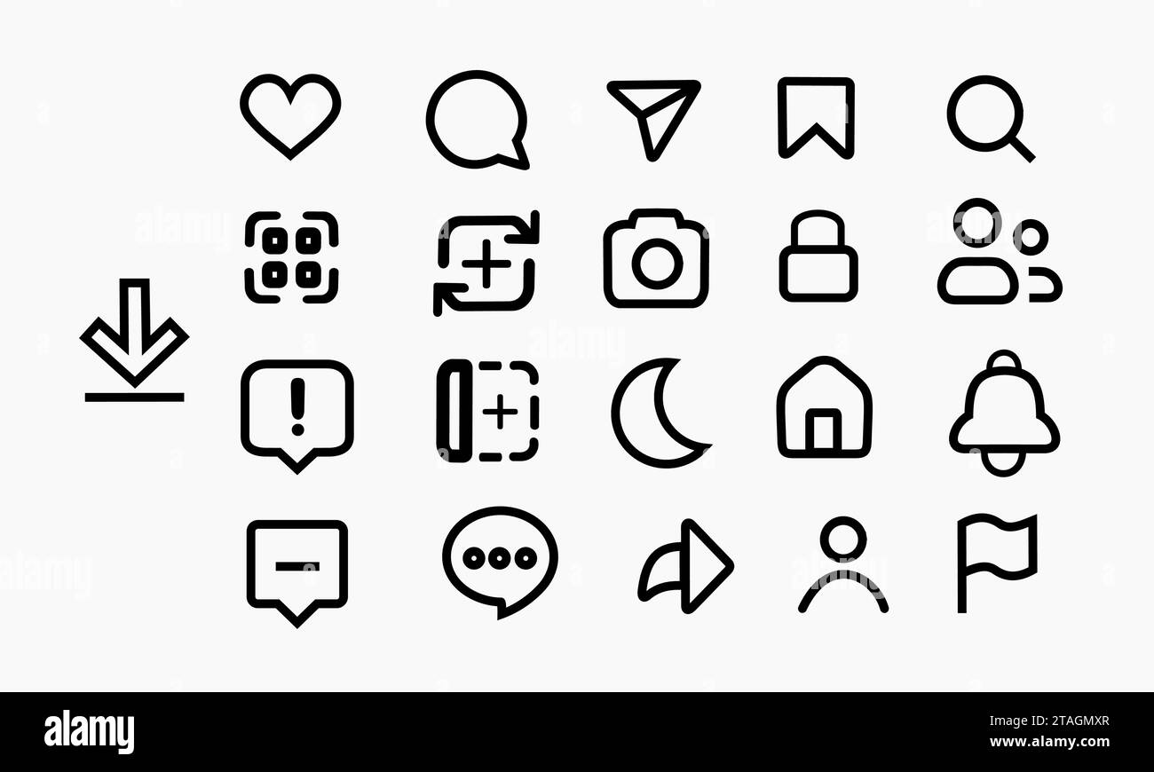 Bouton d'icône de médias sociaux défini. amour, commentaire, téléchargement, maison, mode nuit, notification, partage, etc Illustration de Vecteur