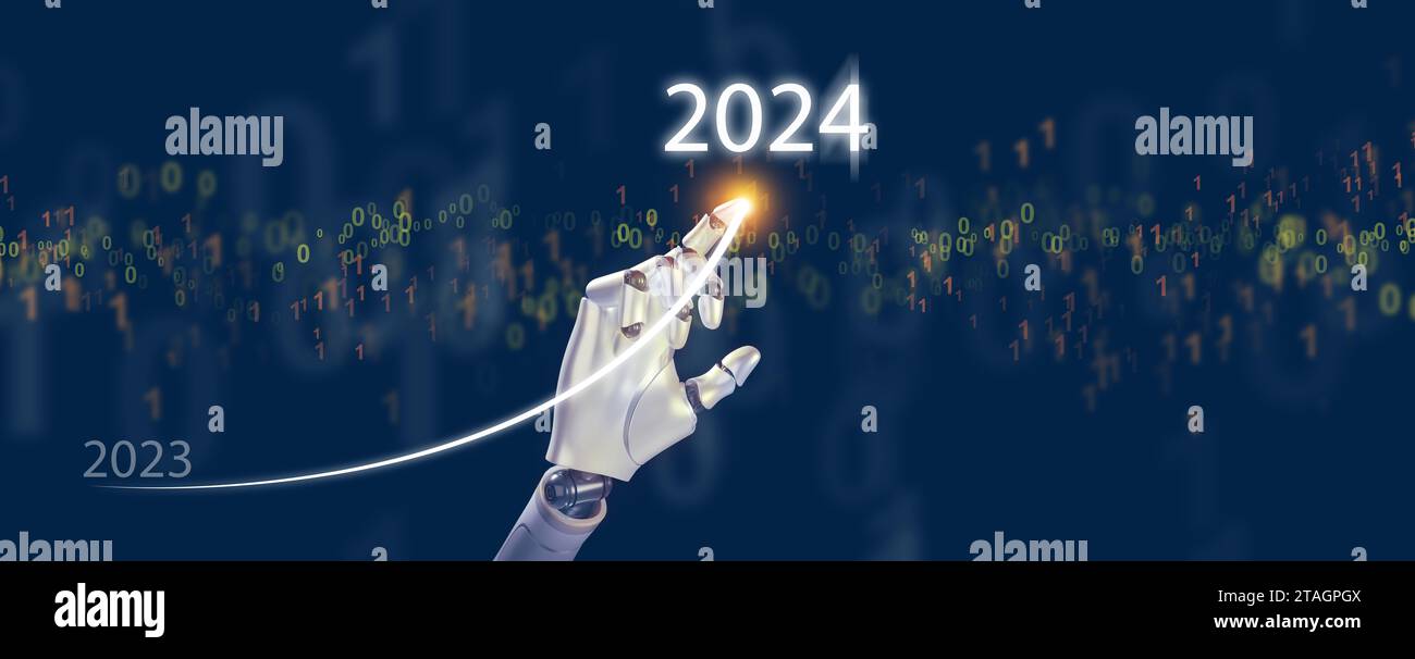 Une main de robot, ai, dessine une courbe ascendante de la fin de l'année 2023 jusqu'au début de l'année 2024. Bonne année et bienvenue aux nouvelles visions commerciales et technologiques Banque D'Images