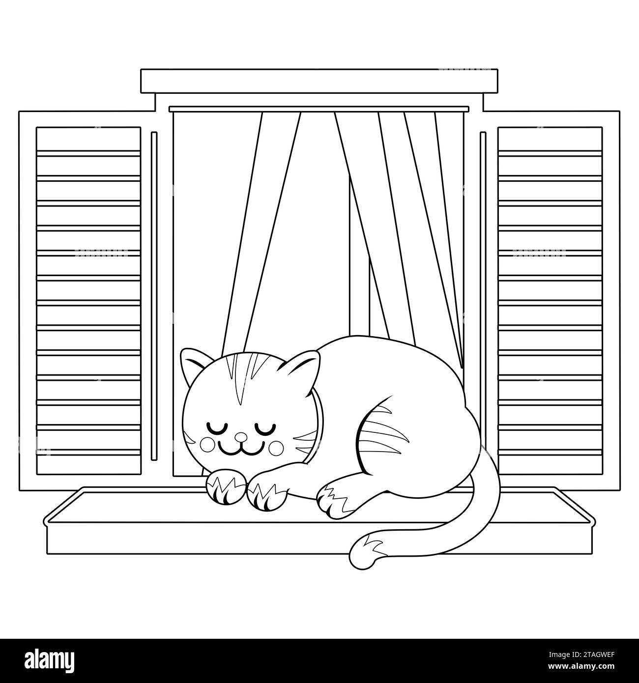 Chat dormant sur un rebord de fenêtre. Mignon chat dormant à la maison sur un rebord de fenêtre. Coloriage noir et blanc Banque D'Images
