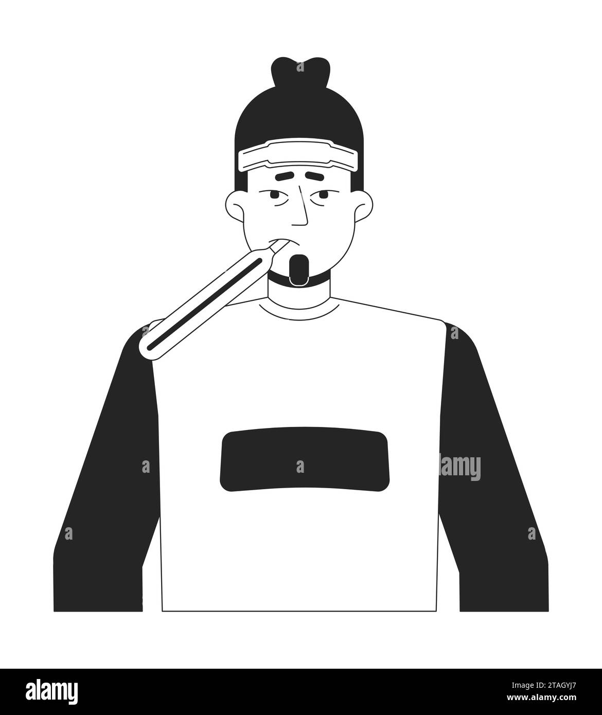 Homme malade européen avec thermomètre dans la bouche personnage de dessin animé en ligne 2D noir et blanc Illustration de Vecteur