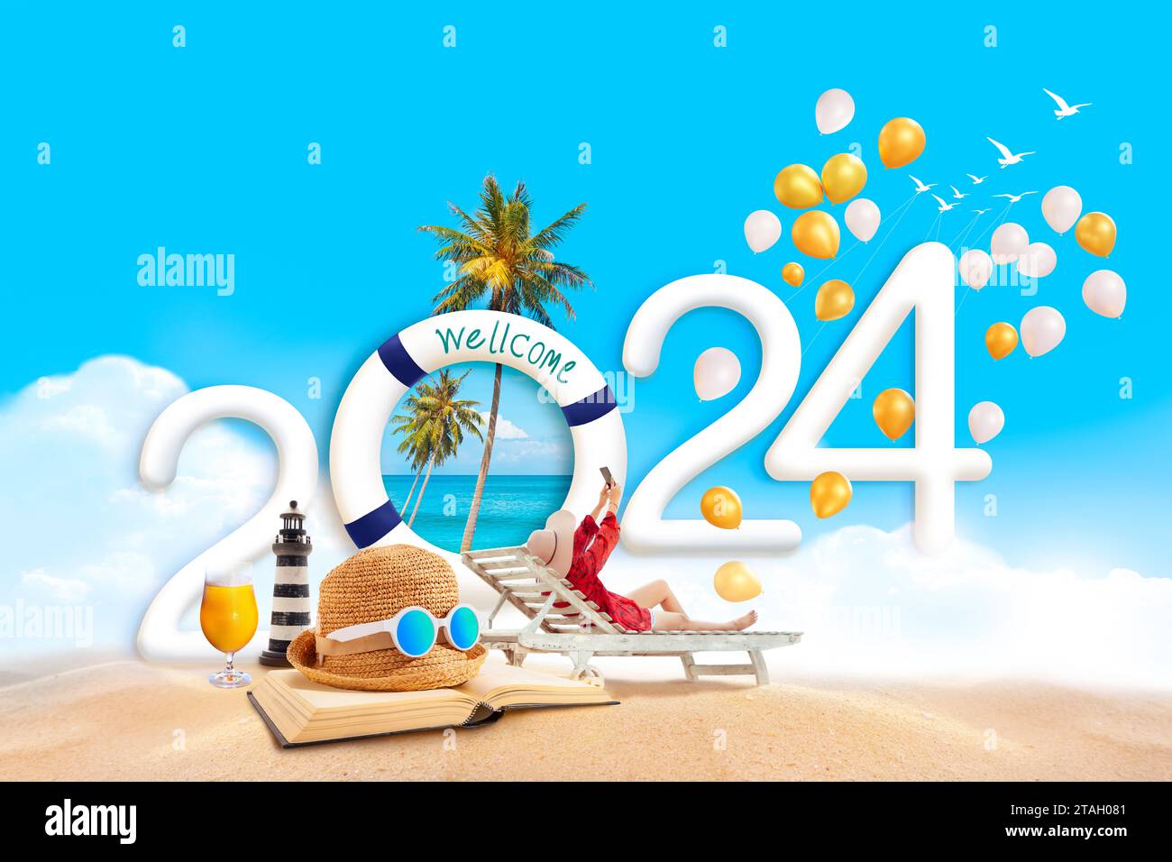 Bonne année 2024, les femmes en robes rouges voyagent sur la plage, prennent une photo par smartphones, Banque D'Images